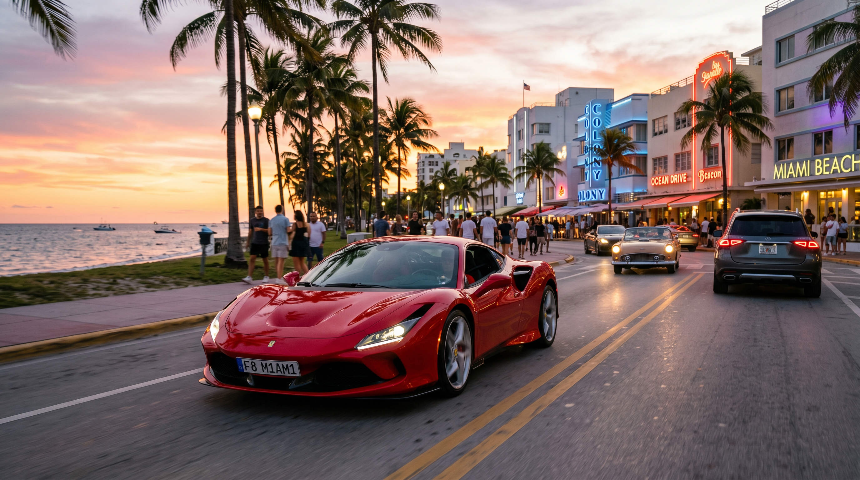 Red Ferrari F8 Tributo on Ocean Drive Miami Beach at golden hour sunset luxury exotic car