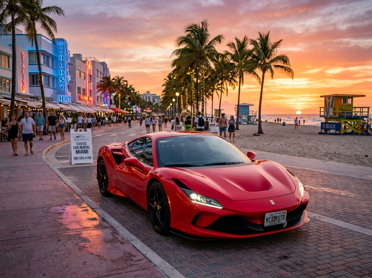 2024 Ferrari F8 Tributo red sports car parked on South Beach Miami at sunset luxury rental