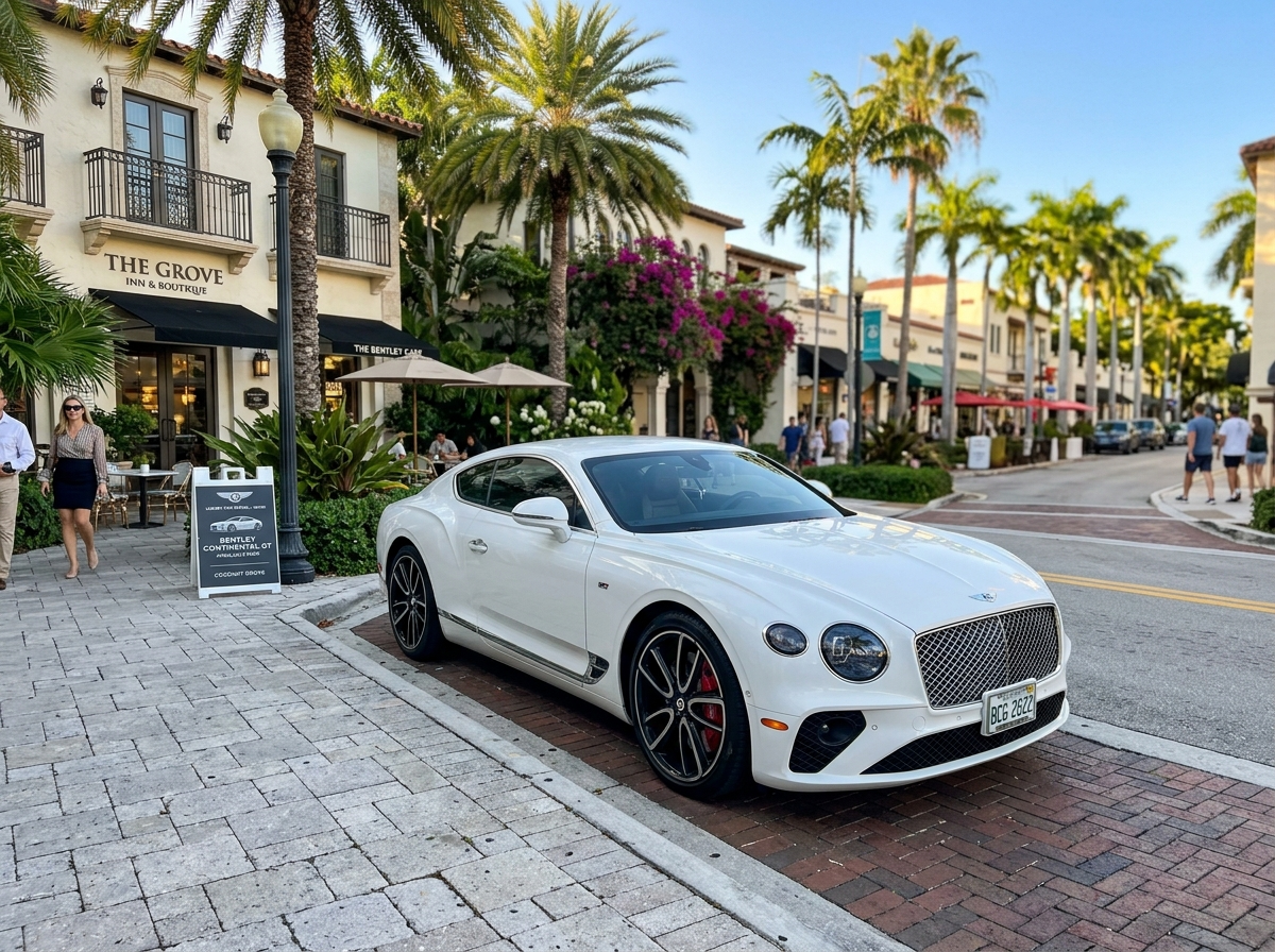 2022 Bentley Continental GT white grand tourer parked Coconut Grove Miami luxury car rental