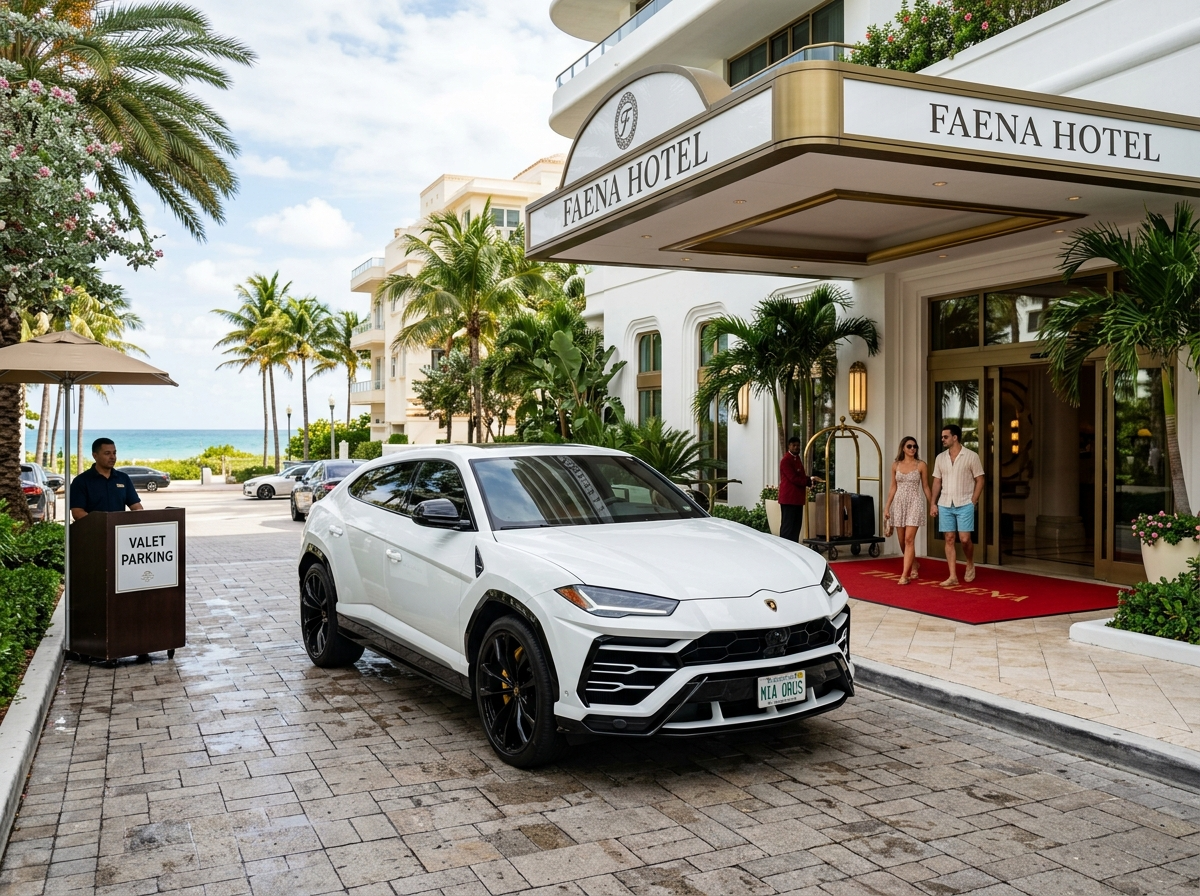 2023 Lamborghini Urus white luxury performance SUV parked Miami Beach hotel entrance rental
