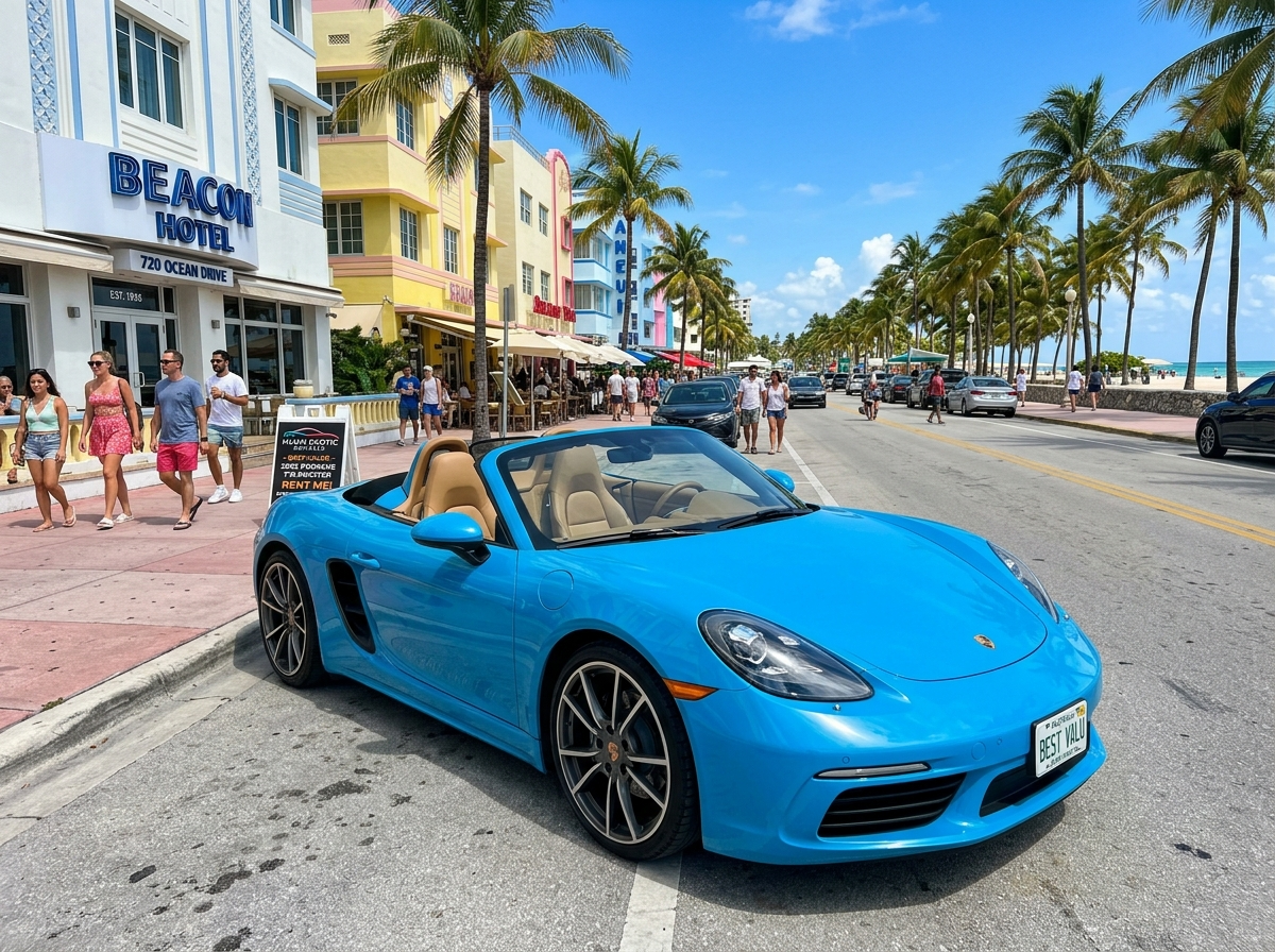 2022 Porsche 718 Boxster blue convertible sports car South Beach Miami best value exotic rental