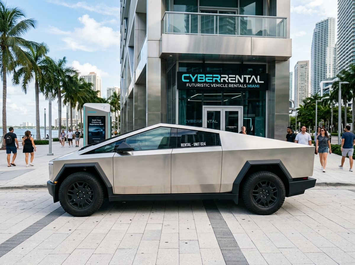 2024 Tesla Cybertruck AWD silver stainless steel electric truck parked Miami Downtown futuristic rental