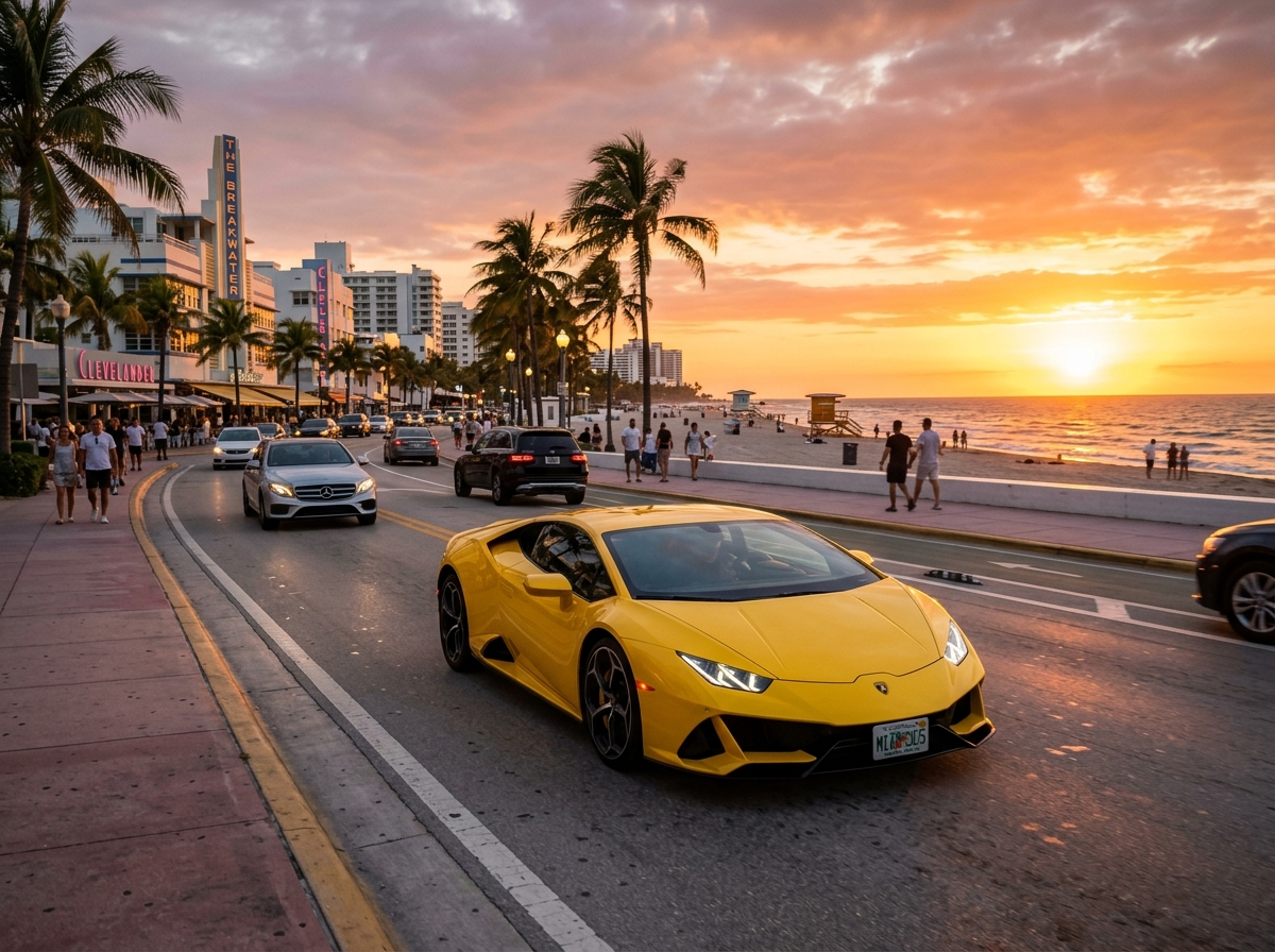Yellow Lamborghini Huracan EVO driving on Collins Avenue Miami Beach at golden hour ocean in background
