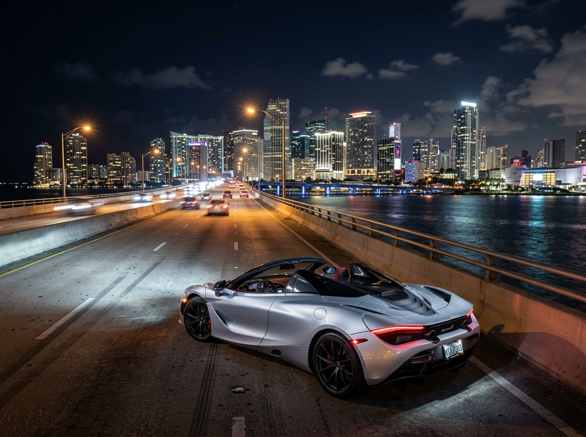 McLaren 720S Spider silver on Rickenbacker Causeway bridge Miami skyline Key Biscayne at night