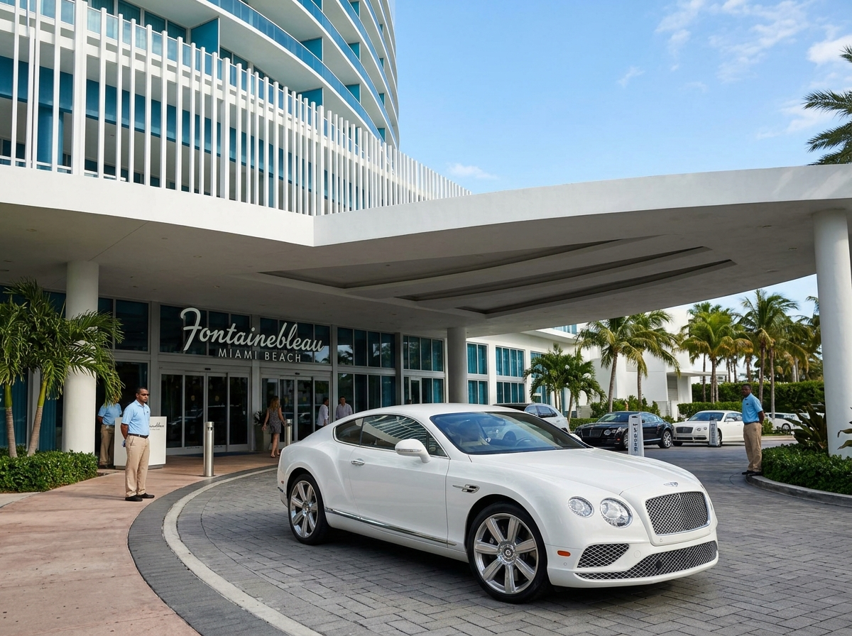 Bentley Continental GT white grand tourer parked outside Fontainebleau Hotel Miami Beach front entrance